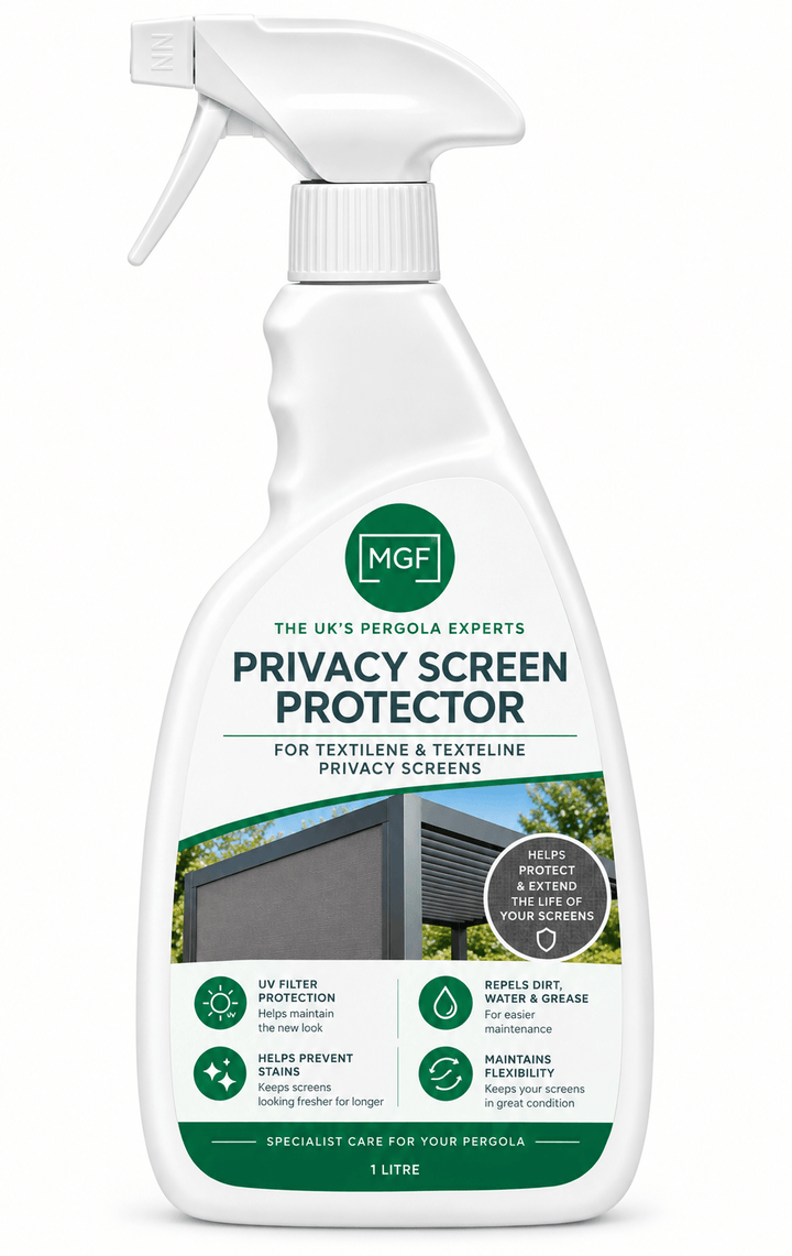A white spray bottle of MGF Pergola Privacy Screen Protector for textile and textile line privacy screens, featuring green and black text and a small product demonstration graphic on the label.