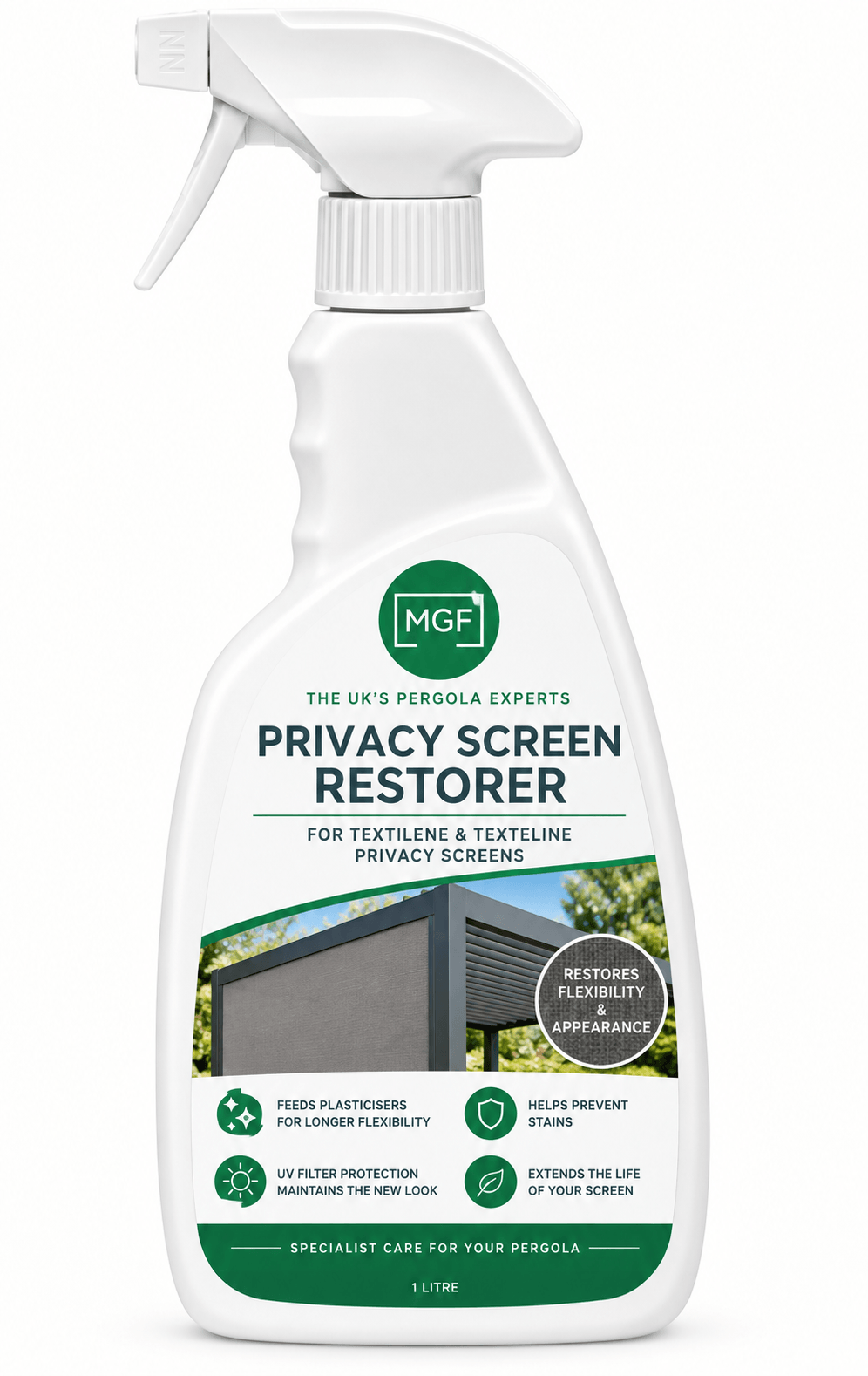 A white spray bottle of MGF Pergola Privacy Screen Restorer for textile and textile screens, featuring a green and white label with product details and a small graphic of a privacy screen.