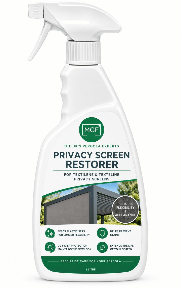 A white spray bottle of MGF Pergola Privacy Screen Restorer for textile and textile screens, featuring a green and white label with product details and a small graphic of a privacy screen.
