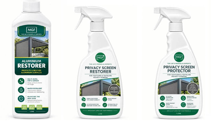 Three white spray bottles of MGF products on a white background: Aluminium Restorer, Privacy Screen Restorer, and Privacy Screen Protector.