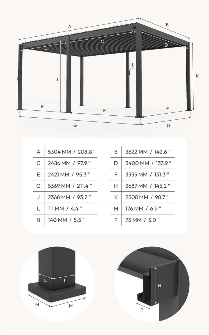 Pergola Titan Nova dimensions chart, in Grey with open louvered roof, with dimensions listed below. With Pergola cross sections and dimensions at the bottom.