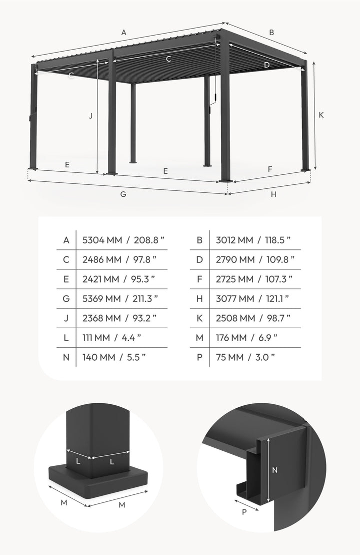Grey Pergola in Aluminium, corner image showing product dimensions, with all details of dimensions listed below and Pergola leg and profile cross sections listed below