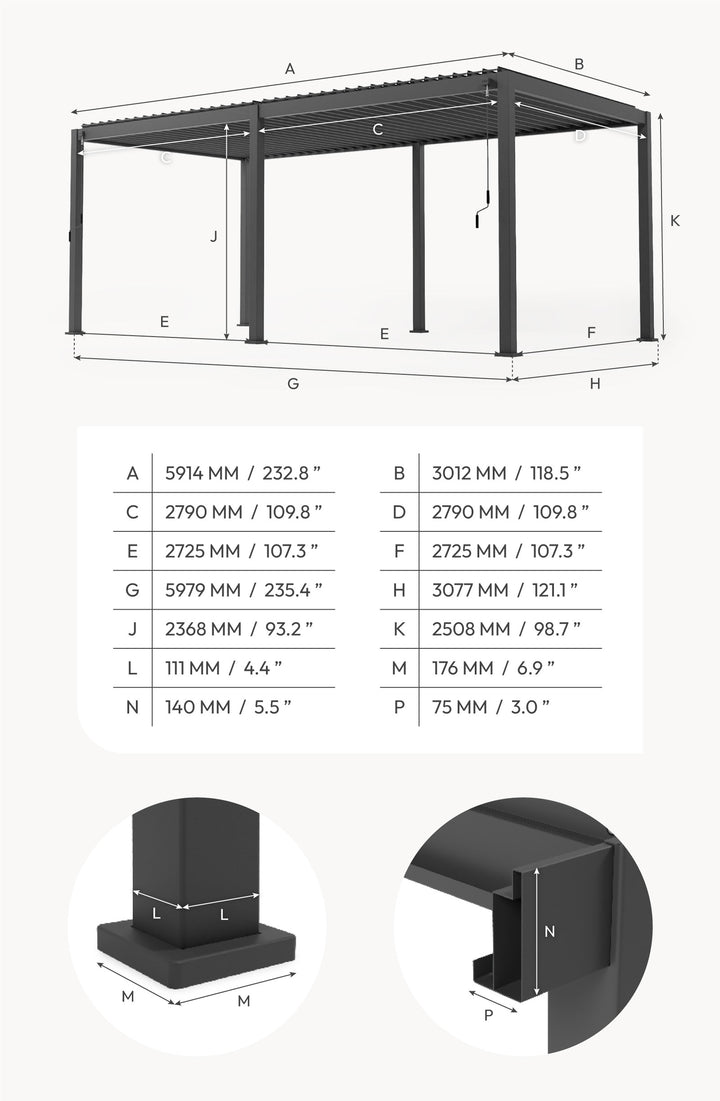 Nova Titan Pergola image 6M x 3M at top in grey with pure white back ground with dimensions list for all sizes. Section cut outs below with dimensions.