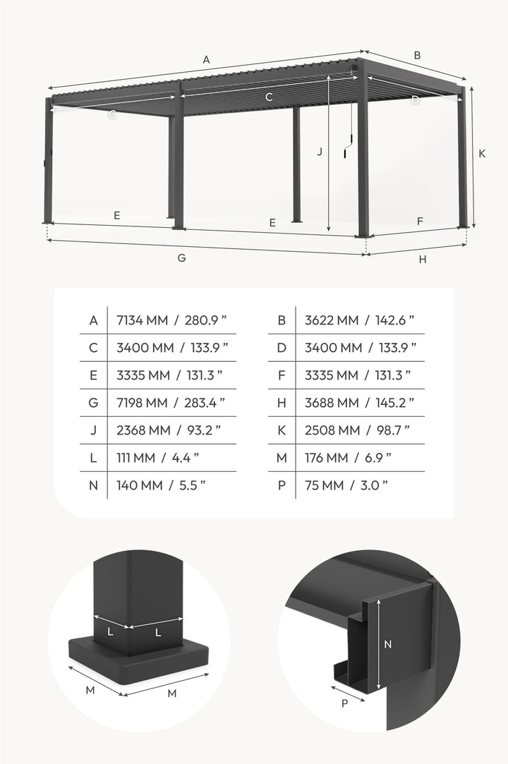 Nova Titan Pergola dimensions chart with 3D image of pergola at the top with listed dimensions below with cross sections and cut outs of post dimensions.