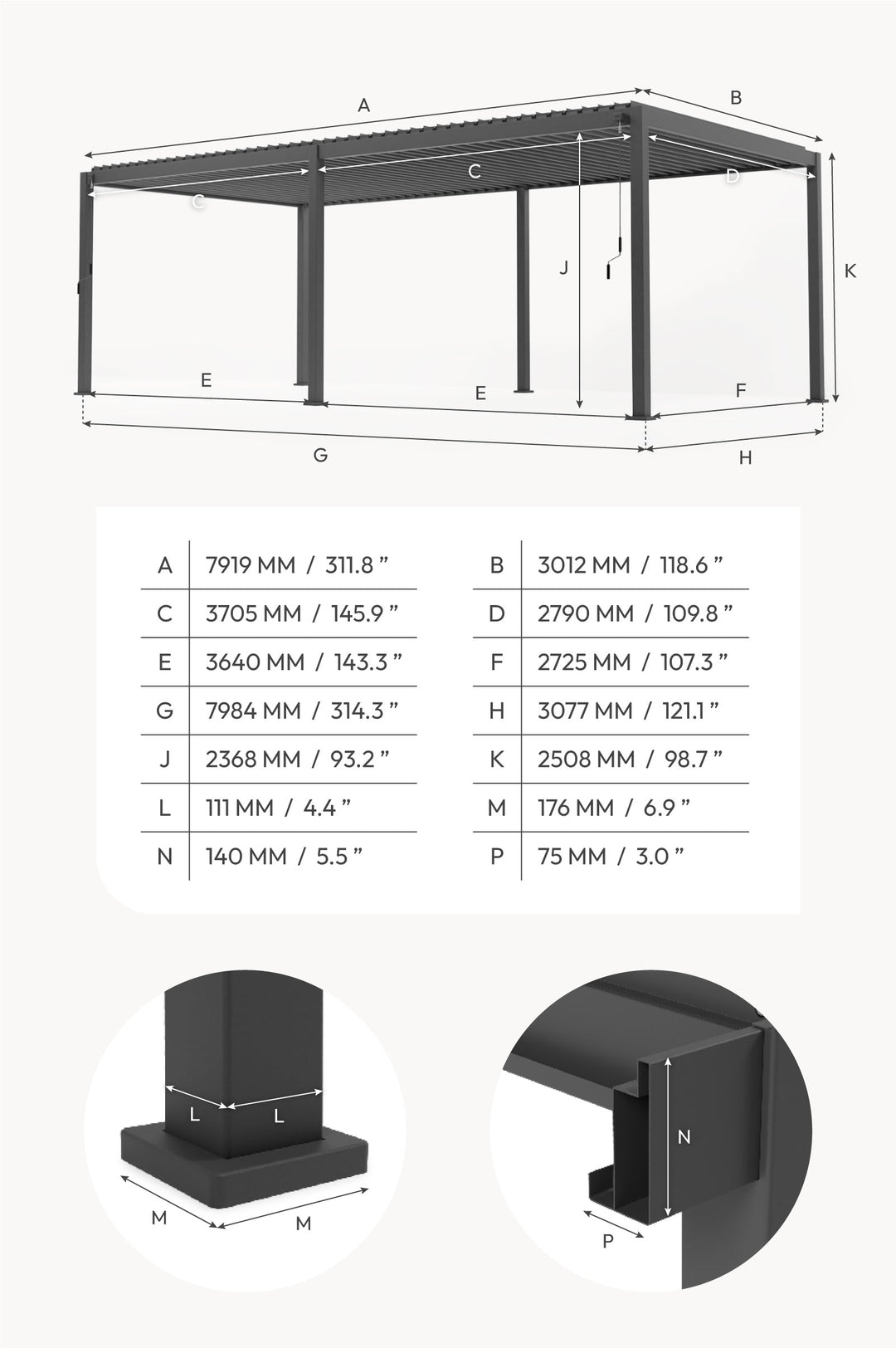 Titan Nova Pergola Aluminium 8M x 3M line drawing image with product dimensions below on white back ground  with pergola aluminium leg cross section cut out dimensions