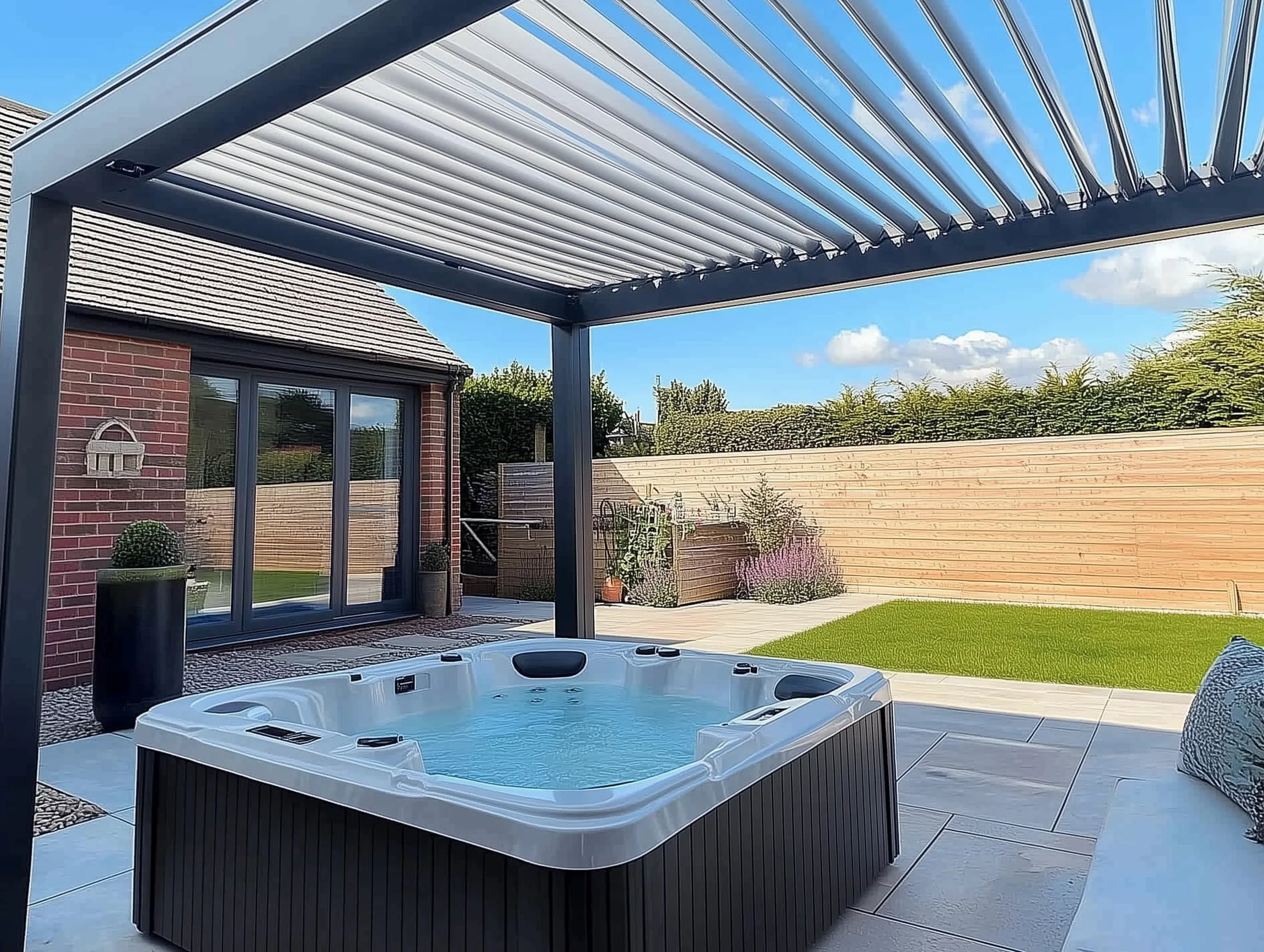 Nova Titan Anthracite Grey Pergola 3M x 3M under new hot tub with clear water. 