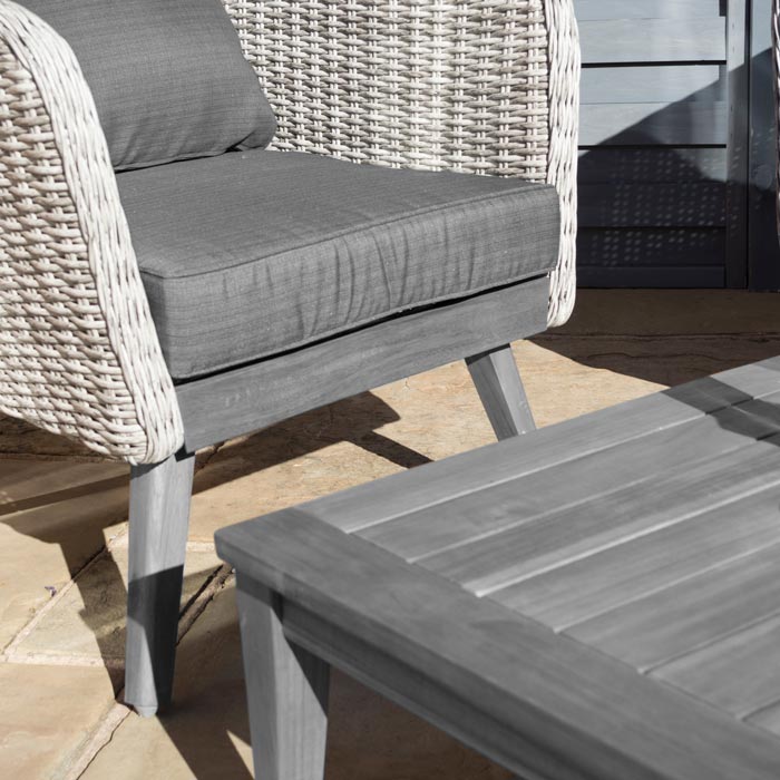 Midland Garden Furniture Heritage Collection Offley Garden furniture set, grey rattan and grey wooden legs on a sand stone patio. Close up image of dark grey coffee table 
