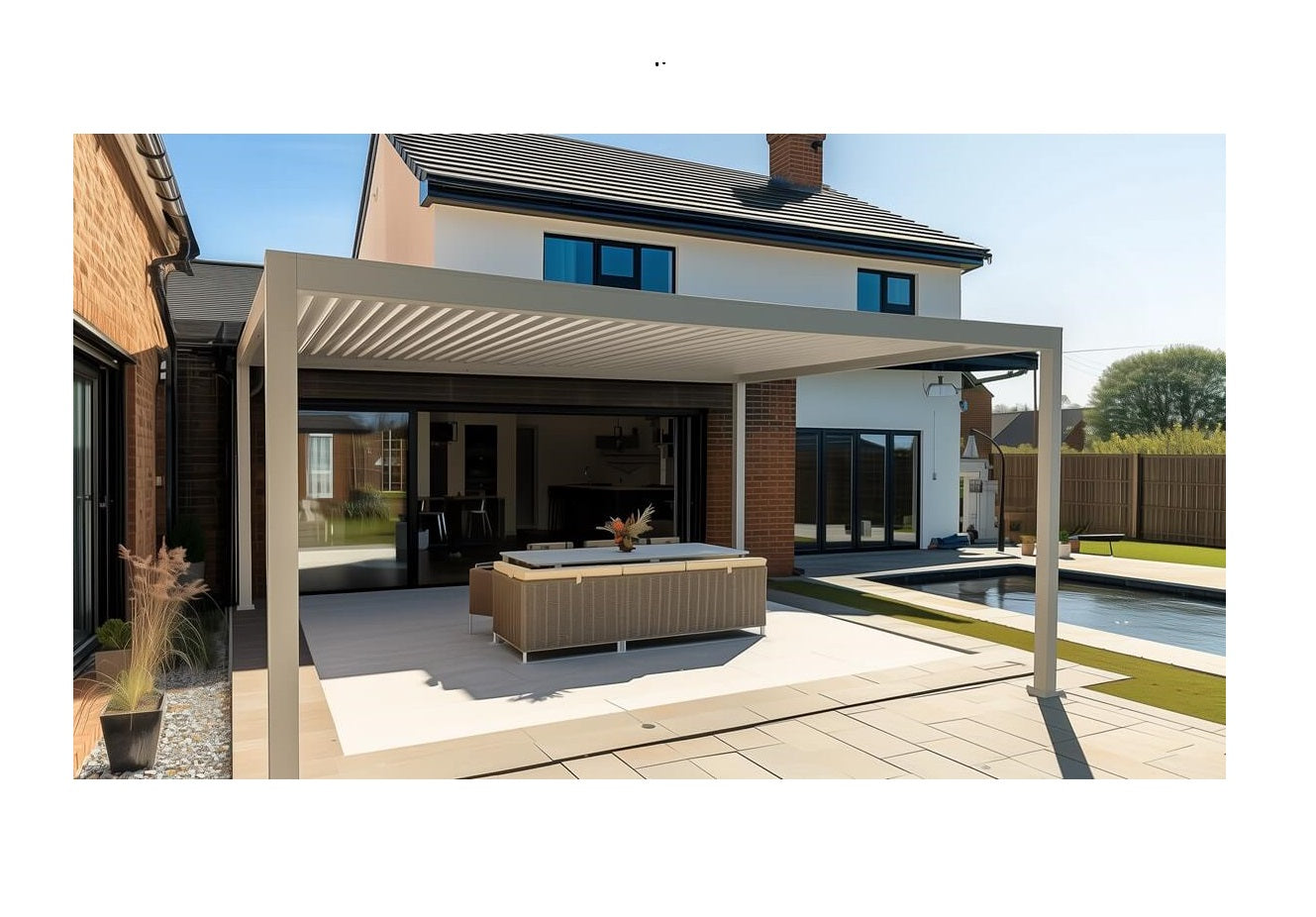 Nova Titan Pebble Grey Pergola in garden with beige garden sofa and chairs underneath, against modern house with kitchen doors open.
