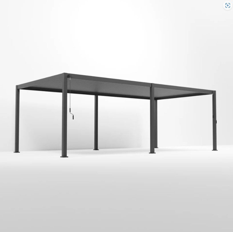 An grey 8M x 3M rectangular NOVA TITAN pergola with a double-layered roof structure. With 6 leg posts on white back ground. Corner shot, with louvers closed.