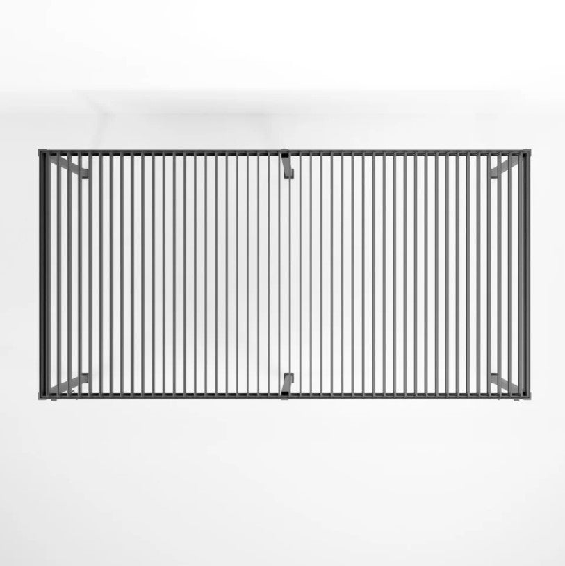 An Anthracite grey 8M x 3M rectangular NOVA TITAN pergola with a double-layered roof structure. With 6 leg posts on white back ground. Ariel shot, with louvers open.