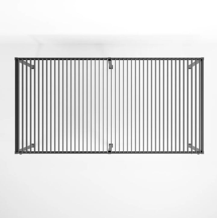 An Anthracite grey 8M x 3M rectangular NOVA TITAN pergola with a double-layered roof structure. With 6 leg posts on white back ground. Ariel shot, with louvers open.