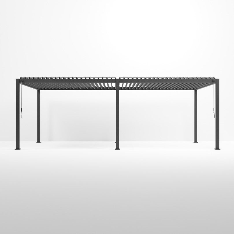 An Anthracite grey 8M x 3M rectangular NOVA TITAN pergola with a double-layered roof structure. With 6 leg posts on white back ground. Front shot, with louvers open.