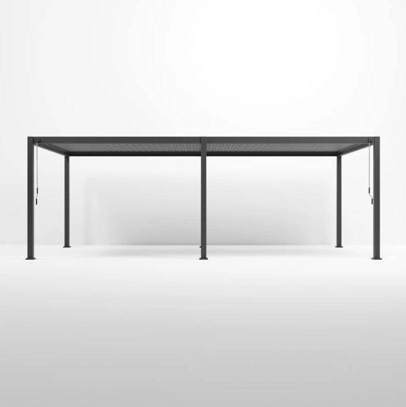 An Anthracite grey 8M x 3M rectangular NOVA TITAN pergola with a double-layered roof structure. With 6 leg posts on white back ground. Front shot, with louvers closed.