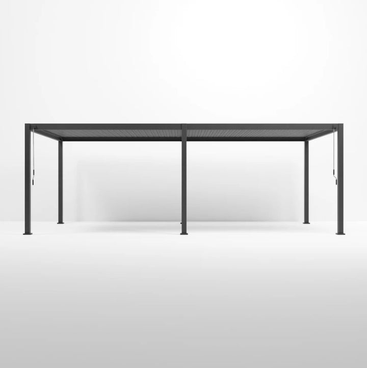 An Anthracite grey 8M x 3M rectangular NOVA TITAN pergola with a double-layered roof structure. With 6 leg posts on white back ground. Front shot, with louvers closed.