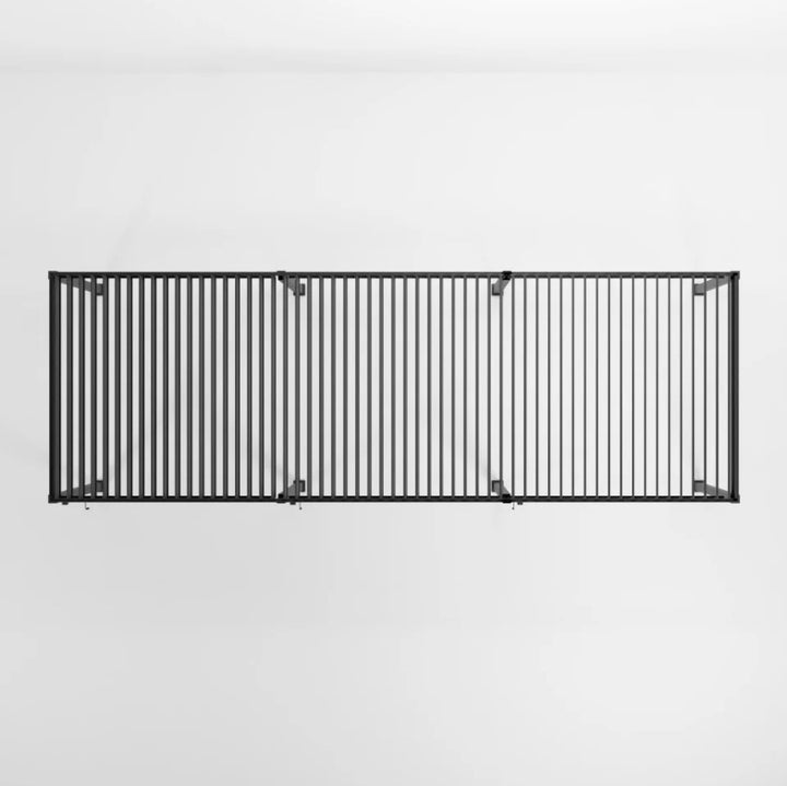 Nova Titan Grey Pergola 9M x 3M 8 leg posts, with louvered roof on white back ground. Aerial shot with louvered Pergola roof open.