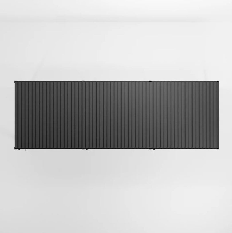 Nova Titan Grey Pergola 9M x 3M 8 leg posts, with louvered roof on white back ground. Aerial shot with louvered Pergola roof closed.