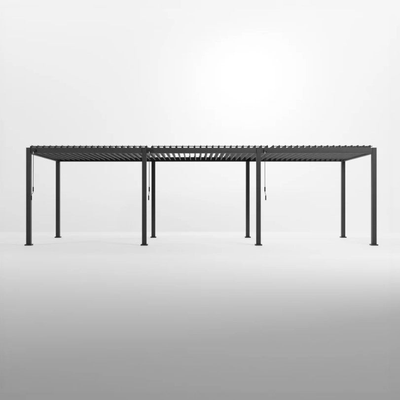 Nova Titan Grey Pergola 9M x 3M 8 leg posts, with louvered roof on white back ground. Front shot with louvered Pergola roof open.