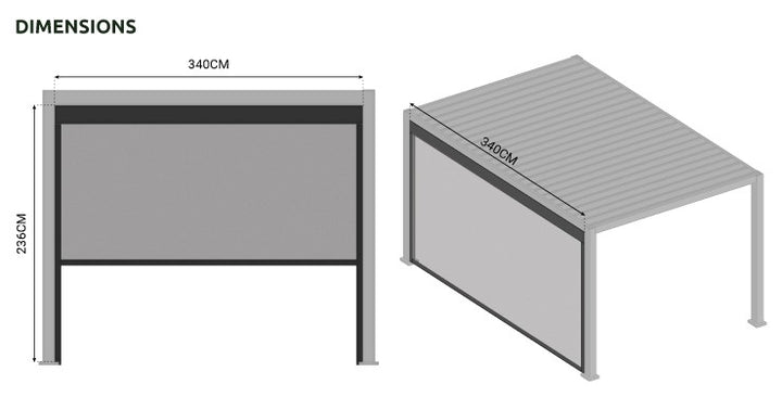Nova Titan Privacy Screen Blind dimensions chart. Line drawings on white background with dimensions.