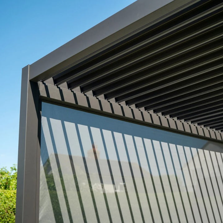 Close up corner image of Nova Titan Privacy Screen Grey 3M wide set inside a titan Pergola, with Pergola roof in background on sunny day.