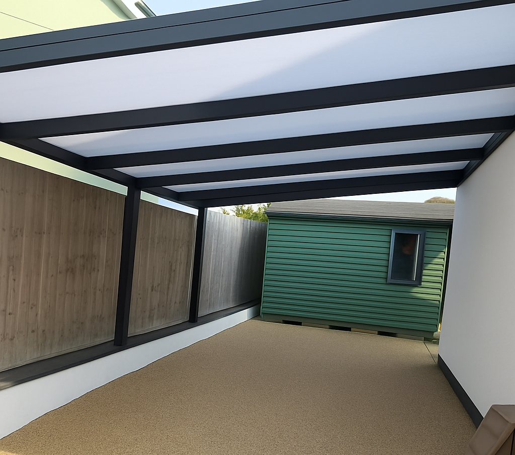 A modern Deponti carport installed by Midland Garden Furniture, featuring a sleek black metal frame with a translucent white roof. The structure is positioned beside a wooden fence and extends over a gravel or resin surface, with a green garden building visible at the far end.