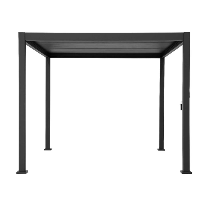 A square 3M x 3M grey NOVA TITAN pergola made of aluminium, featuring a louvered roof on pure white background.