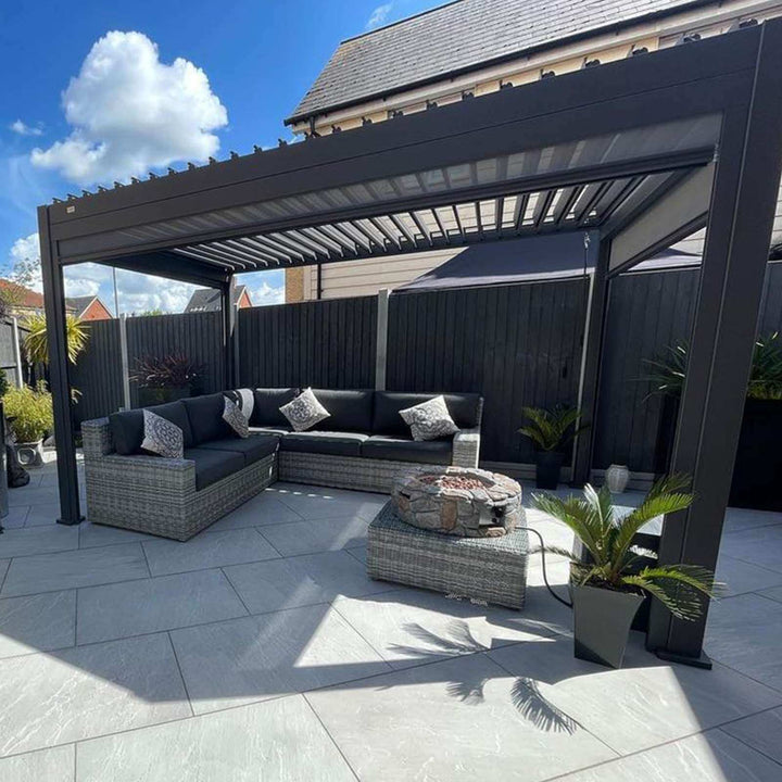 Nova Titan Pergola 4M x 3M Grey with Privacy screens, set on a light grey patio with light grey garden sofa and blue sky 