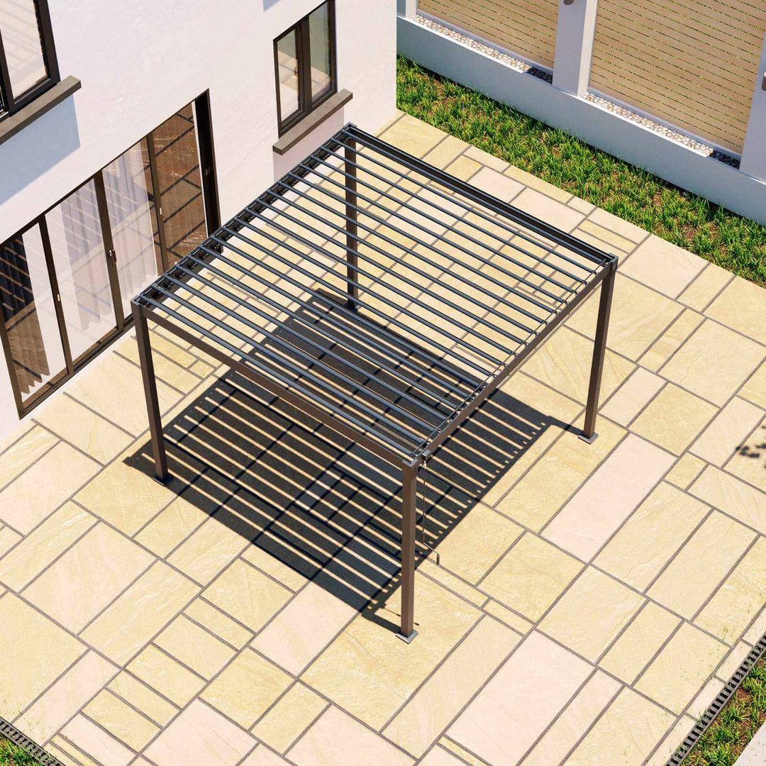 Metal outdoor Pergola on a tiled patio with a house in the background Nova Luna 