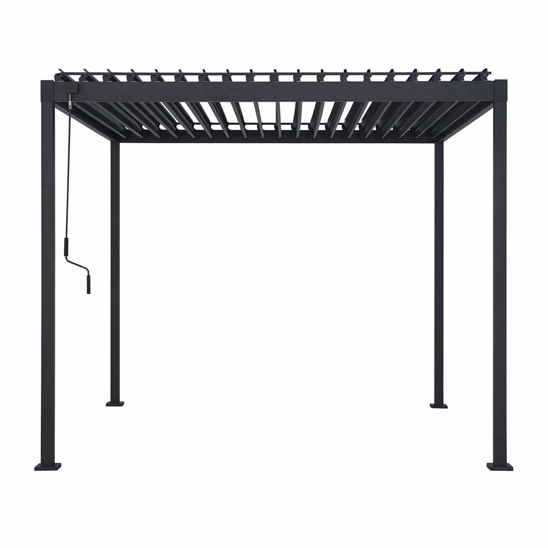 Black metal Luna pergola structure on a white background