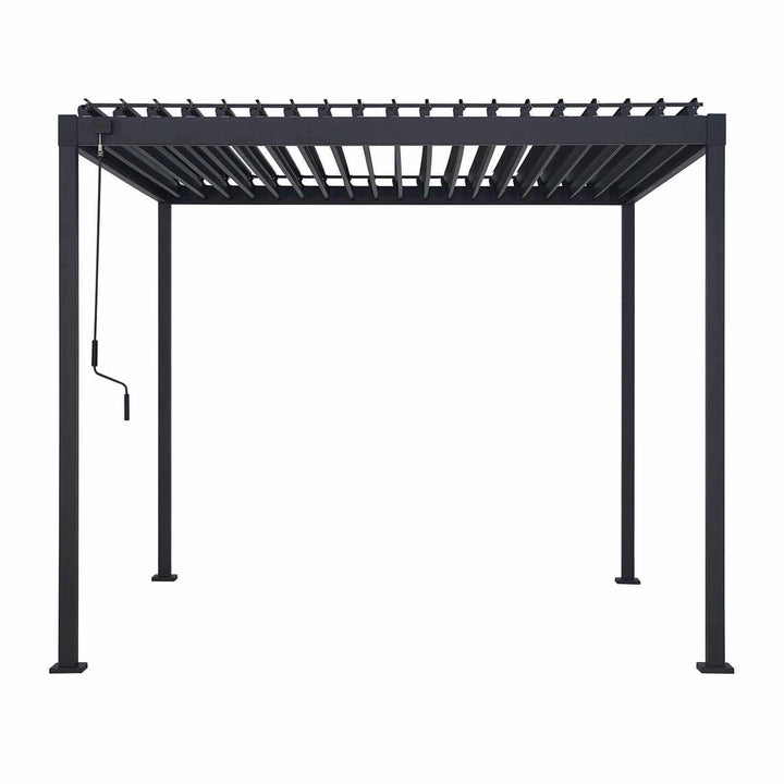 Black metal Luna pergola structure on a white background