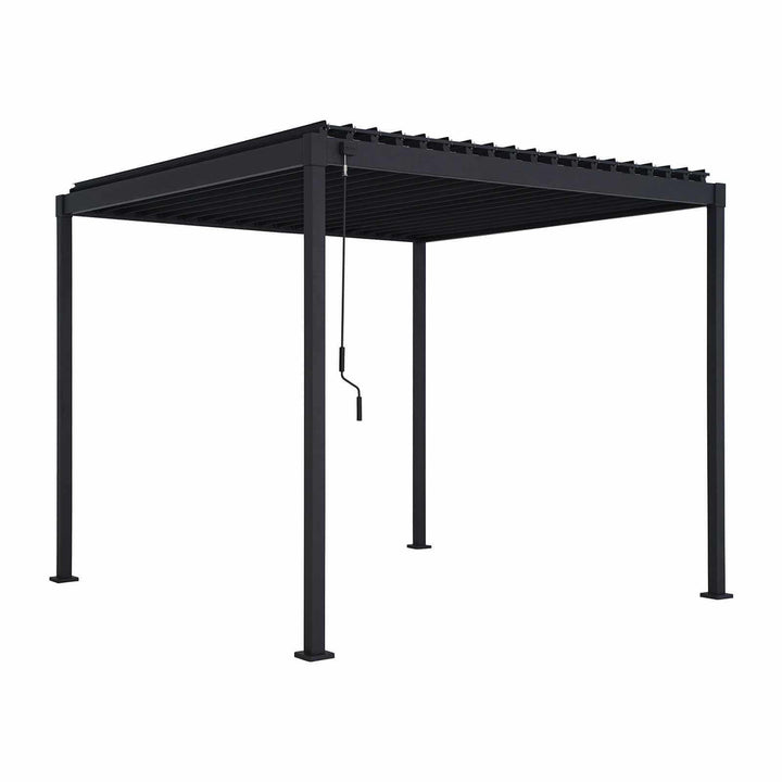 Black metal Nova Luna  pergola structure on a white background