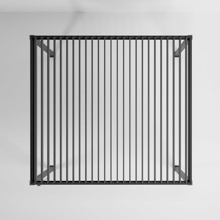 Nova Titan Pergola 4M x 3.6M Grey Ariel shot with roof louvers and rain proof system open. one white background.