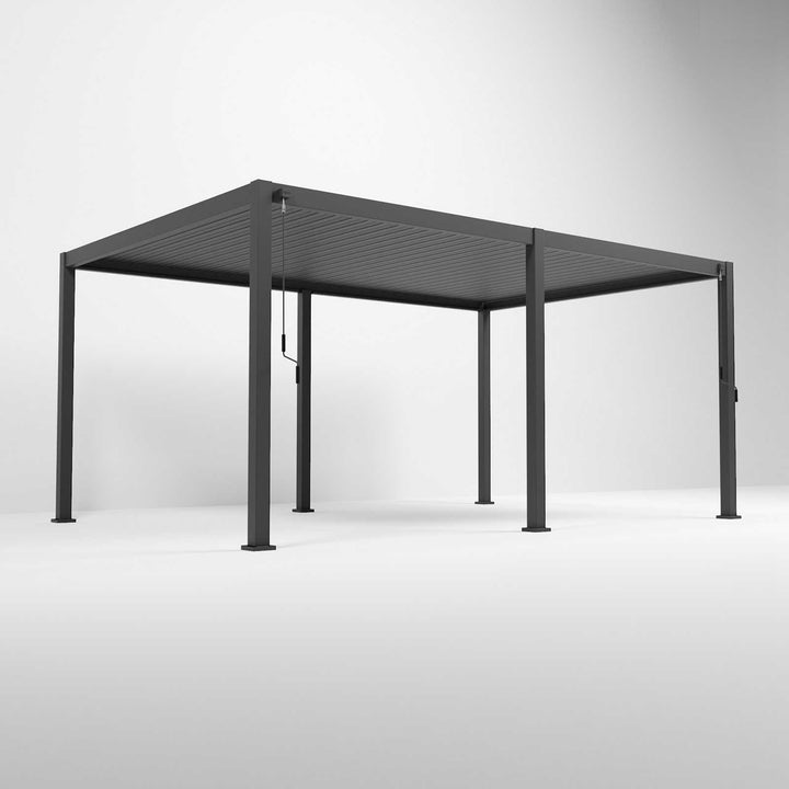 A rectangular, grey Nova Titan Aluminium pergola with visible support legs, designed for outdoor use. Corner shot with louvers closed.