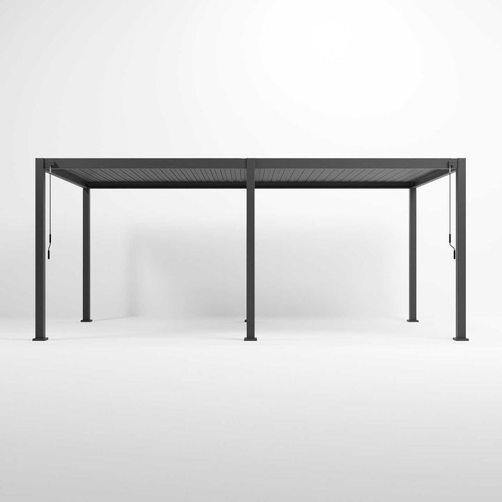 Straight on image of Nova Titan Aluminium 6M x 3M Pergola  Grey with 6 leg posts with winder handle and louvers closed, on pure white background