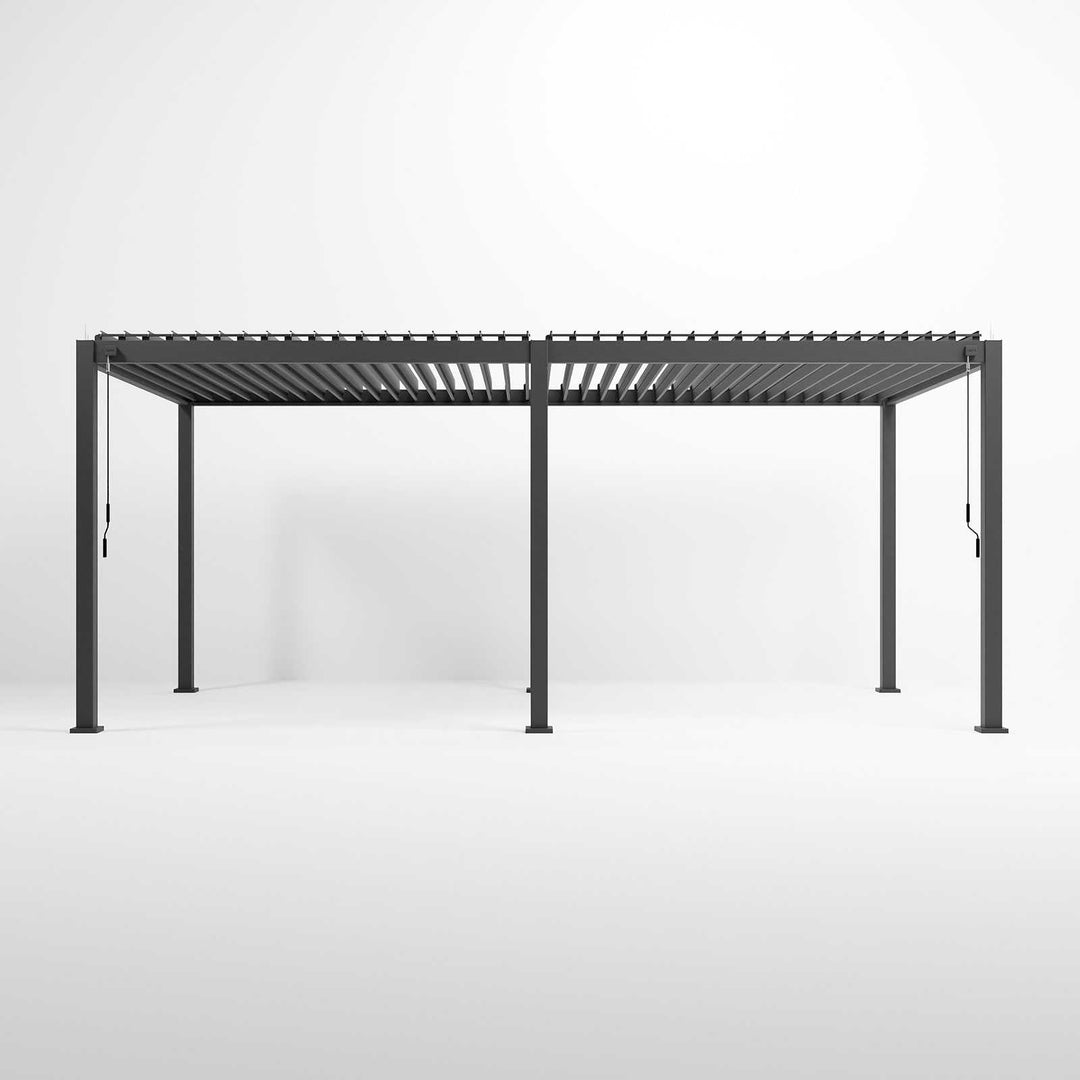 Straight on image of Nova Titan Aluminium 6M x 3M Pergola  Grey with 6 leg posts with winder handle and louvers open, on pure white background