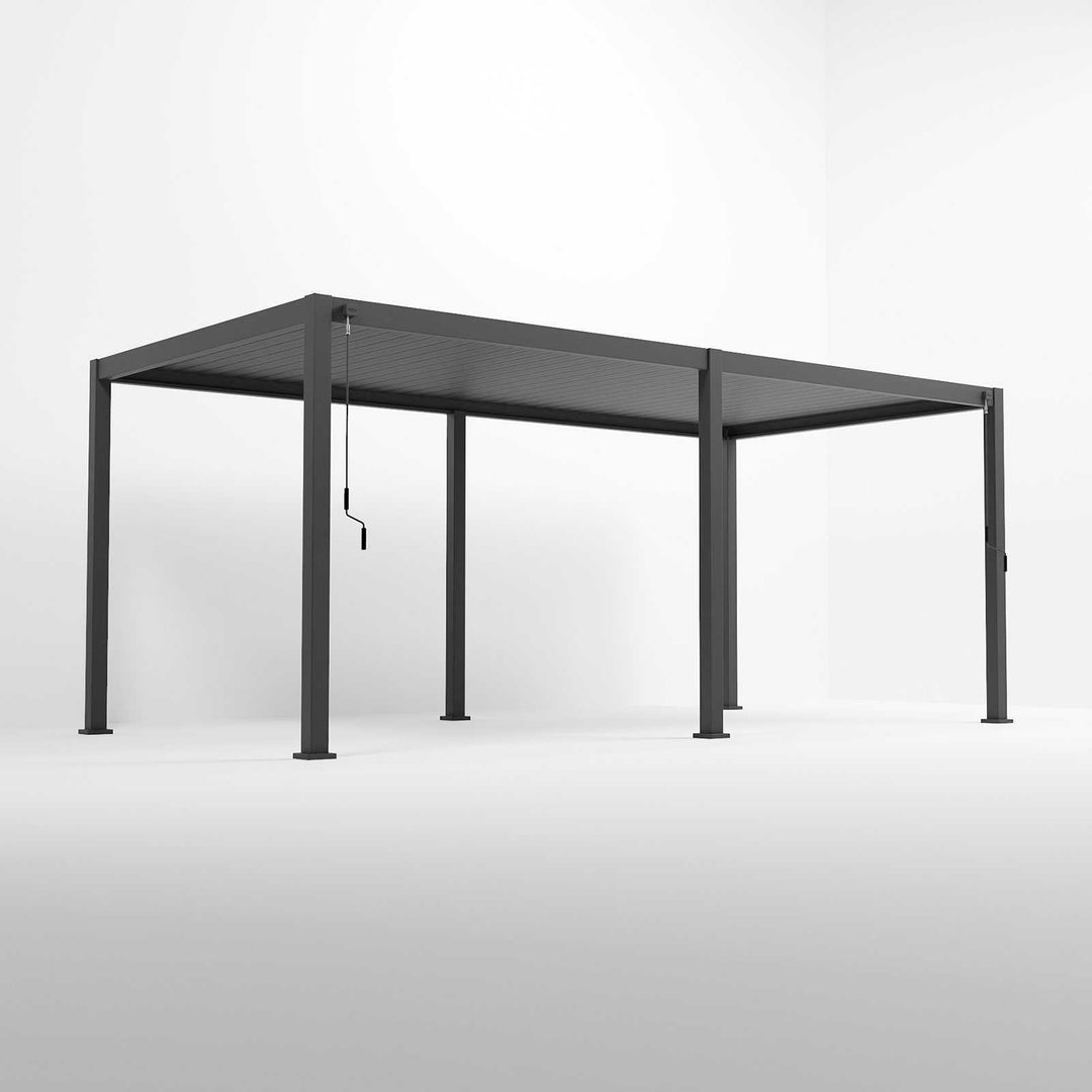 Nova Titan Aluminium 6M x 3M Pergola  Grey with 6 leg posts with winder handle and louvers closed, on pure white background