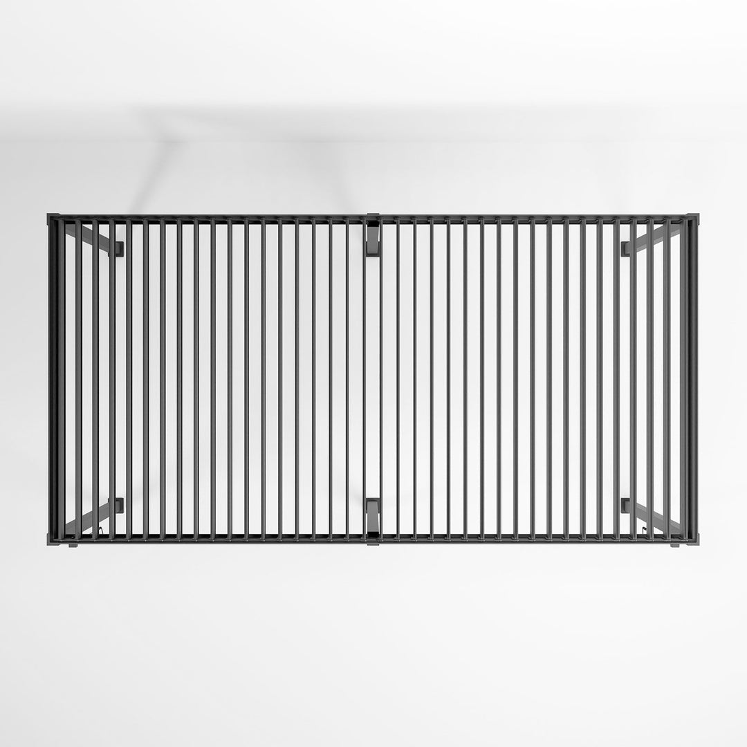 Nova Titan 6M x 3.6M Pergola Grey with 6 leg posts on white back ground, Louvered Pergola Roof open, Ariel Shot from above.