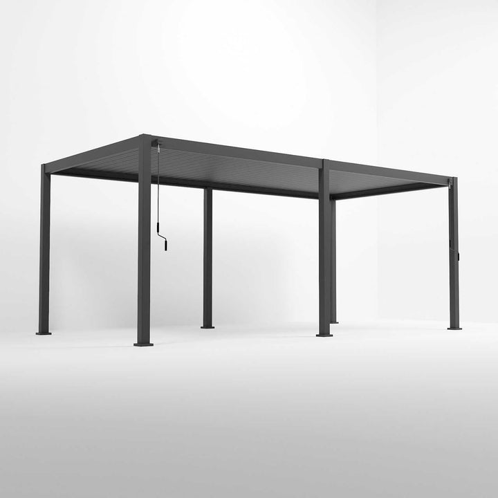 Nova Titan 6M x 3.6M Pergola Grey with 6 leg posts on white back ground, Louvered Pergola Roof closed, corner shot image