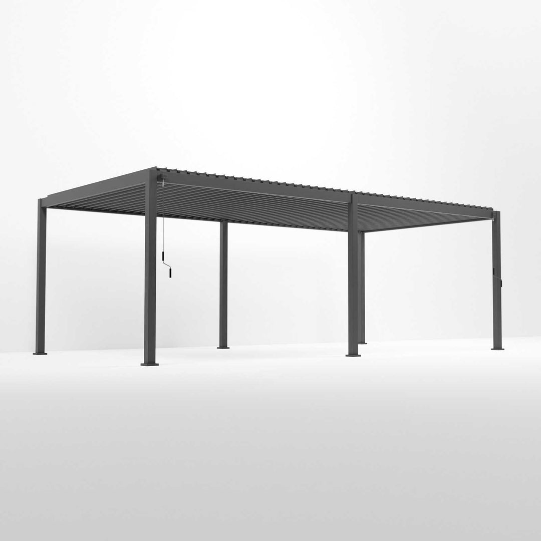 A grey Nova Titan 7.2M x 3.6M, rectangular aluminium pergola with an open structure and open louvers roof. Corner image on plain white background.
