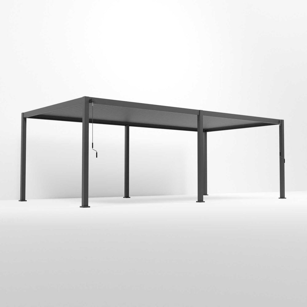 A 7.2M x 3.6M, grey Nova Titan rectangular aluminium pergola with an open structure and closed louvers roof. Corner image on plain white background.