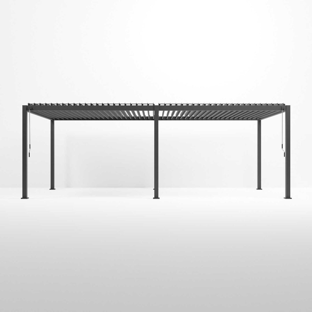 A 7.2M x 3.6M, grey Nova Titan rectangular aluminium pergola with an open structure and open louvered roof. Front on image on plain white background.