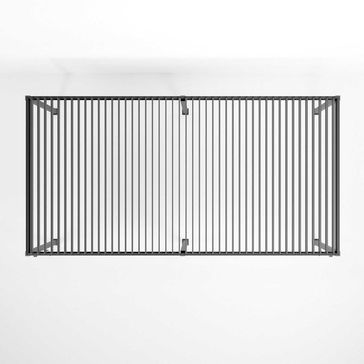 Titan Pergola Grey Ariel image of Pergola with louvered roof open and 6 leg posts shown though below. 