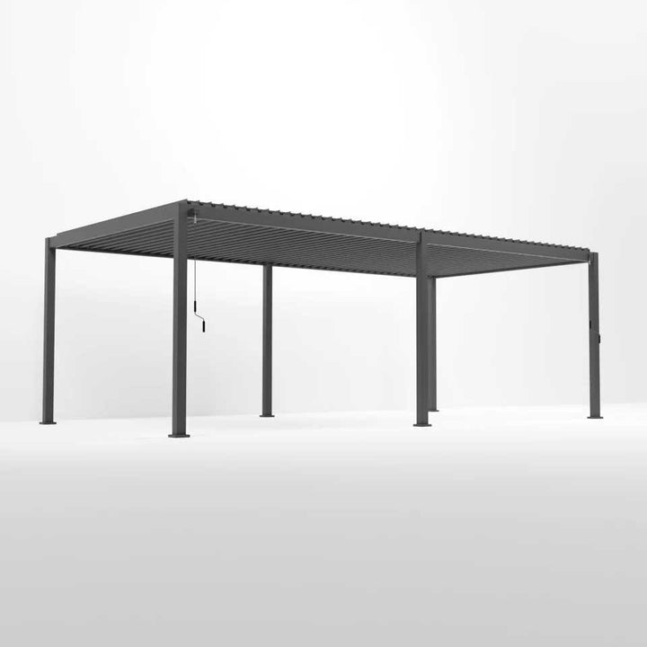 An Anthracite grey 8M x 3M rectangular NOVA TITAN pergola with a double-layered roof structure. With 6 leg posts on white back ground.