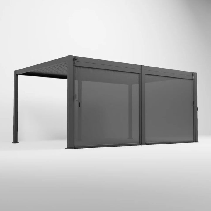 2 grey Titan privacy screen for a Nova pergola made of textilene fabric with an aluminium frame. on white background. both blinds fully down.