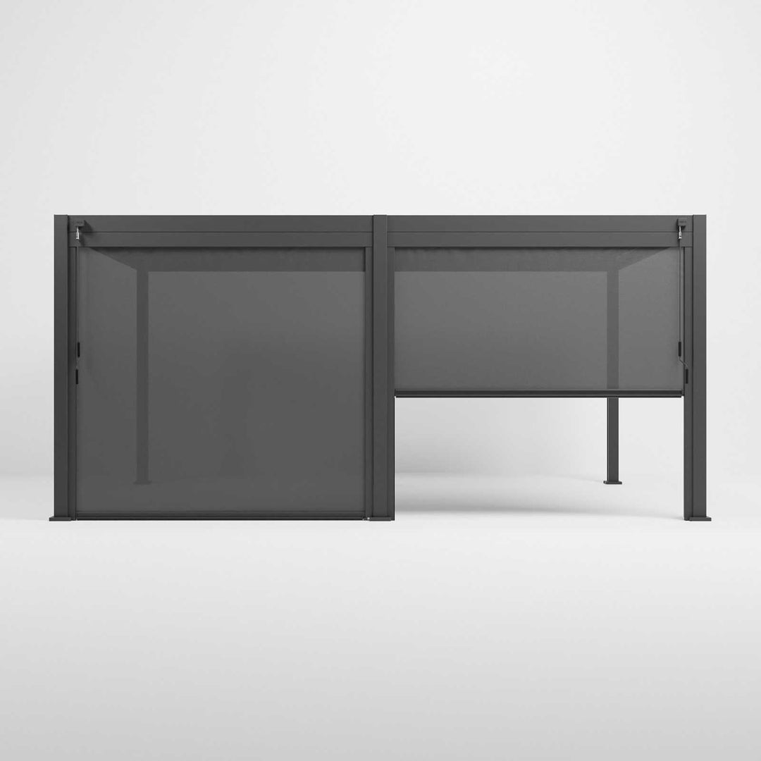 2 grey Titan privacy screen for a Nova pergola made of textilene fabric with an aluminium frame. on white background. One Privacy blind half way down and one fully down. Front on image.