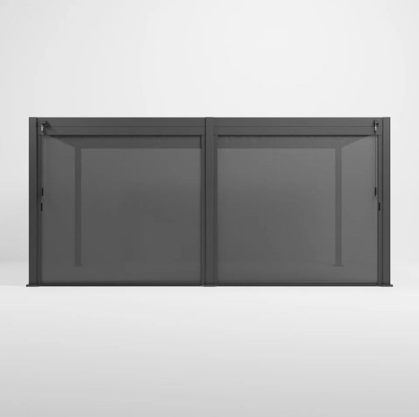 2 grey Titan privacy screen for a Nova pergola made of textilene fabric with an aluminium frame. on white background. both Privacy blinds fully down.
