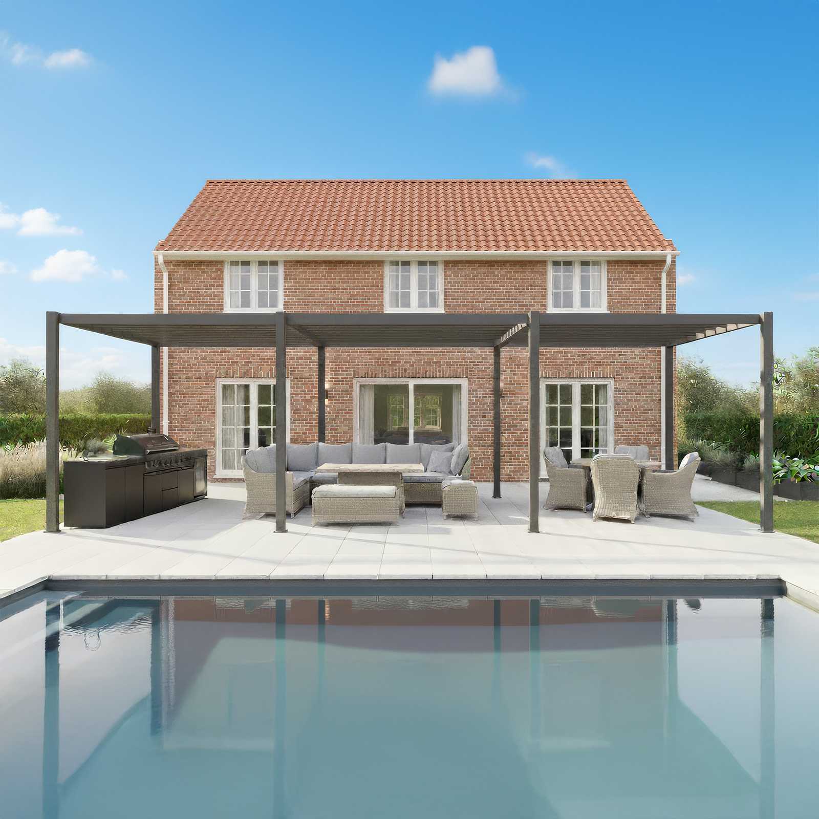 Outdoor patio area with Titan pergola, furniture, and pool in front of a brick house.