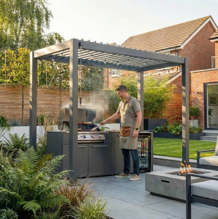 NOVA TITAN 1.5m x 3m Rectangular Pergola – Grey (2026 Model) bbq area being used