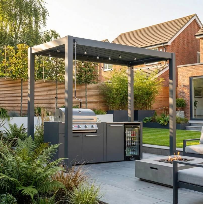 NOVA TITAN 1.5m x 3m Rectangular Pergola – Grey (2026 Model) being used to hold BBQ area