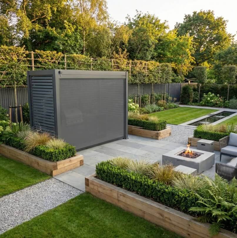 NOVA TITAN 1.5m x 3m Rectangular Pergola – Grey (2026 Model) in garden with closed front covering