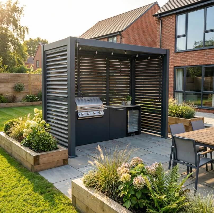 NOVA TITAN 1.5m x 3m Rectangular Pergola – Grey (2026 Model) bbq area with shutters closed